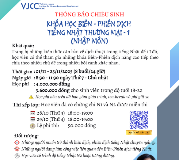 KHÓA HỌC BIÊN-PHIÊN DỊCH TIẾNG NHẬT THƯƠNG MẠI 1 - NHẬP MÔN tại TP. HCM THÁNG 11/2025